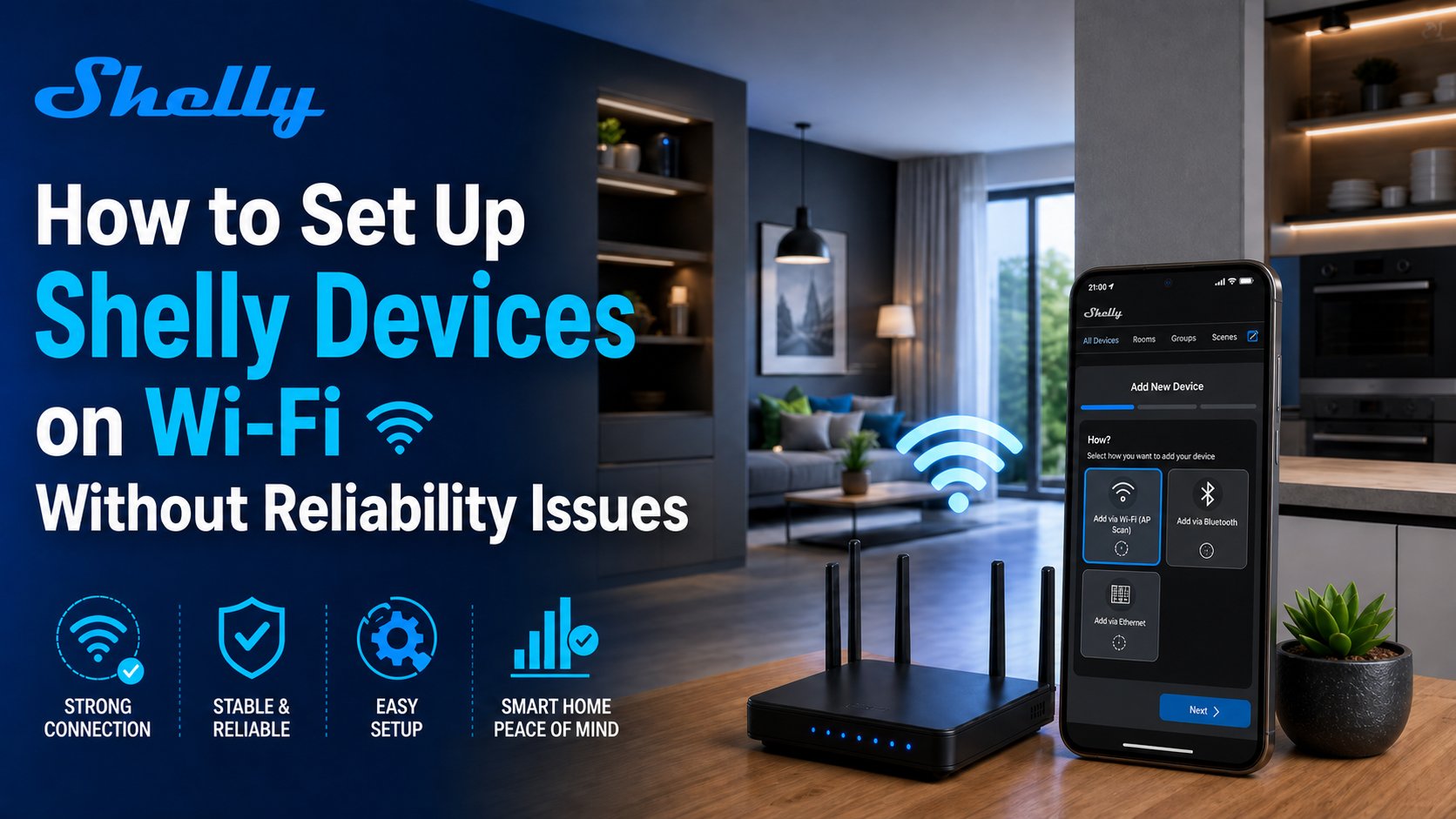Simple network setup graphic showing a router, a 2.4 GHz Wi‑Fi zone, and a smart device in a home layout.
