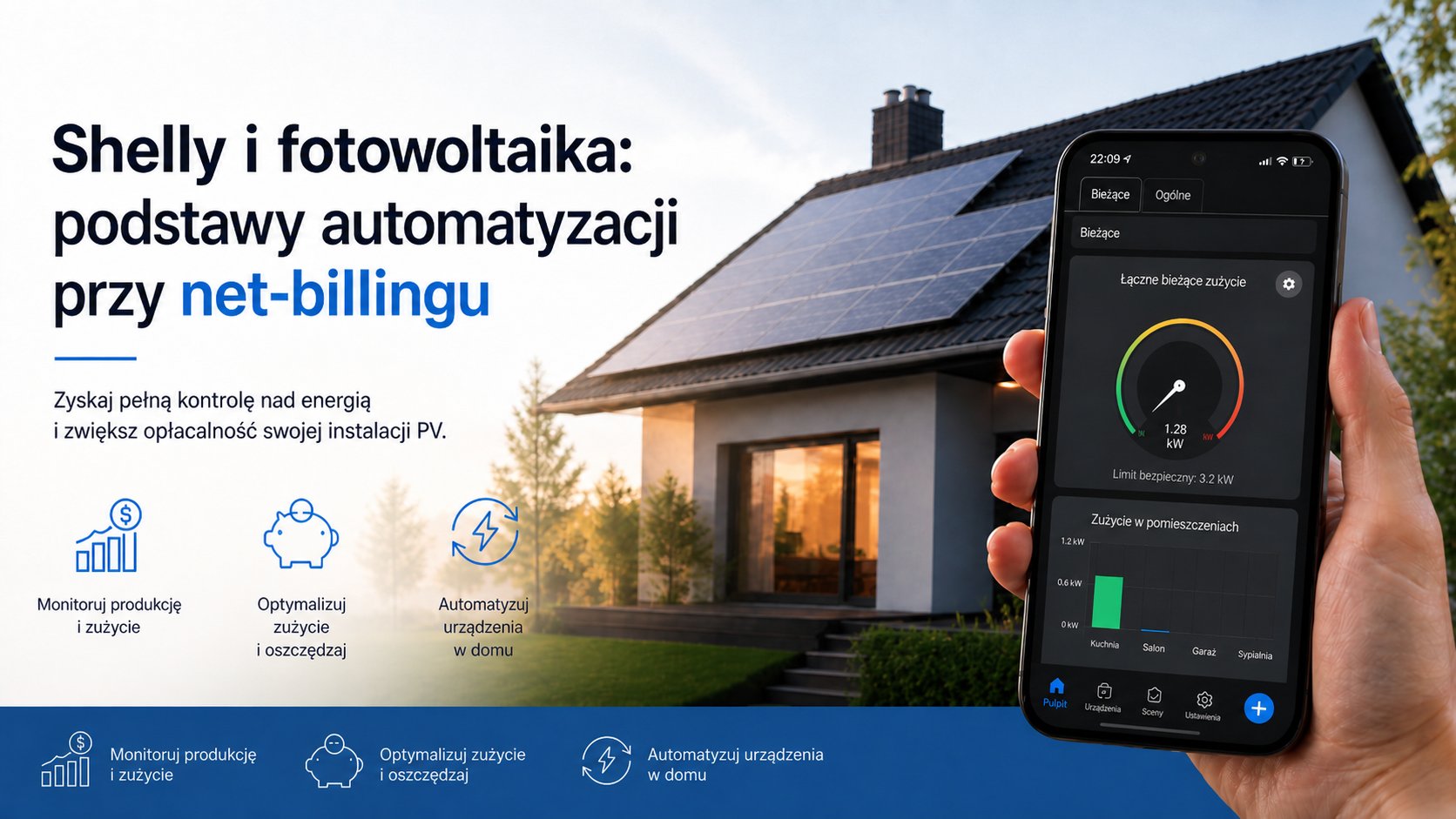 Koncepcyjna ilustracja przedstawiająca obraz stylizowany na zrzut ekranu generowany przez AI, związany z automatyką domową i planowaniem energii słonecznej.
