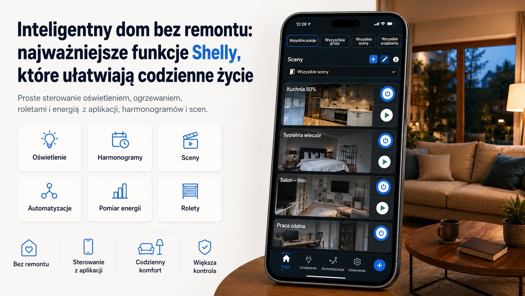 Lifestyle image suggesting a modern smart home setup in an apartment, with a calm editorial feel.